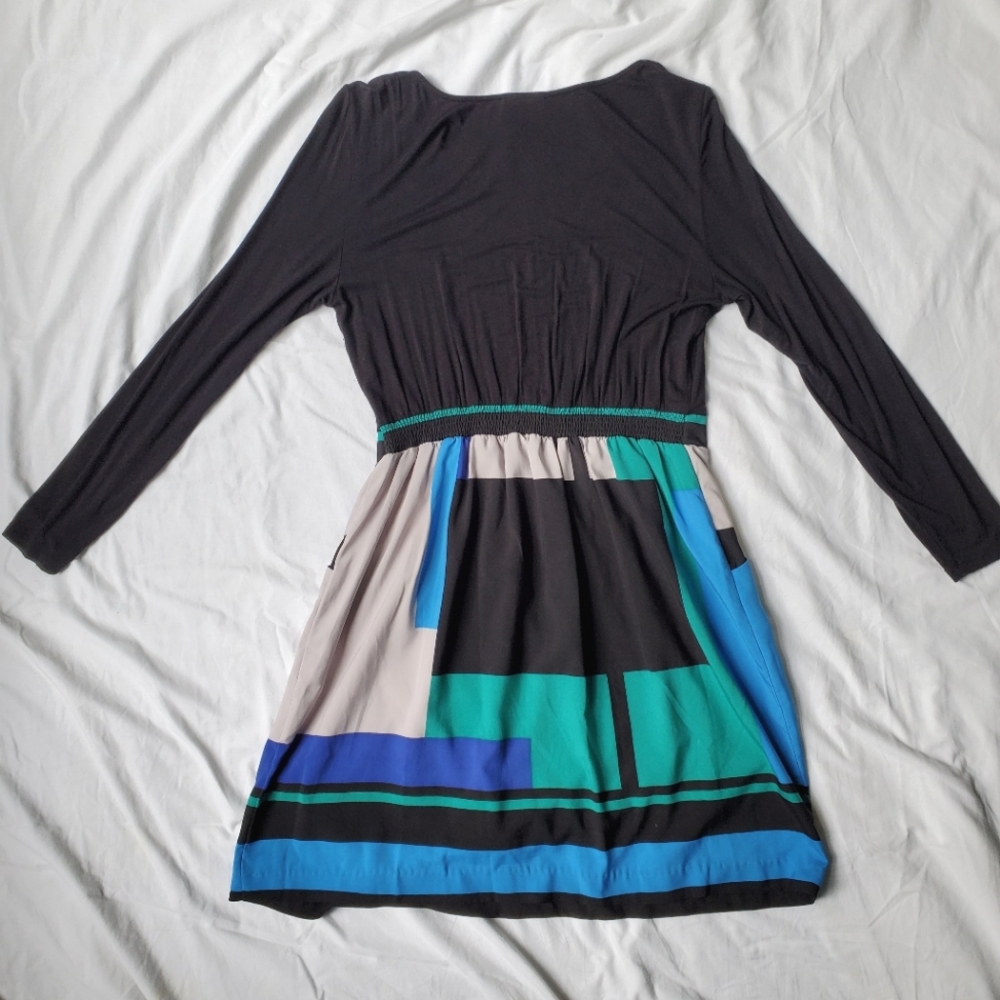 Dress with jersey top and woven color block skirt